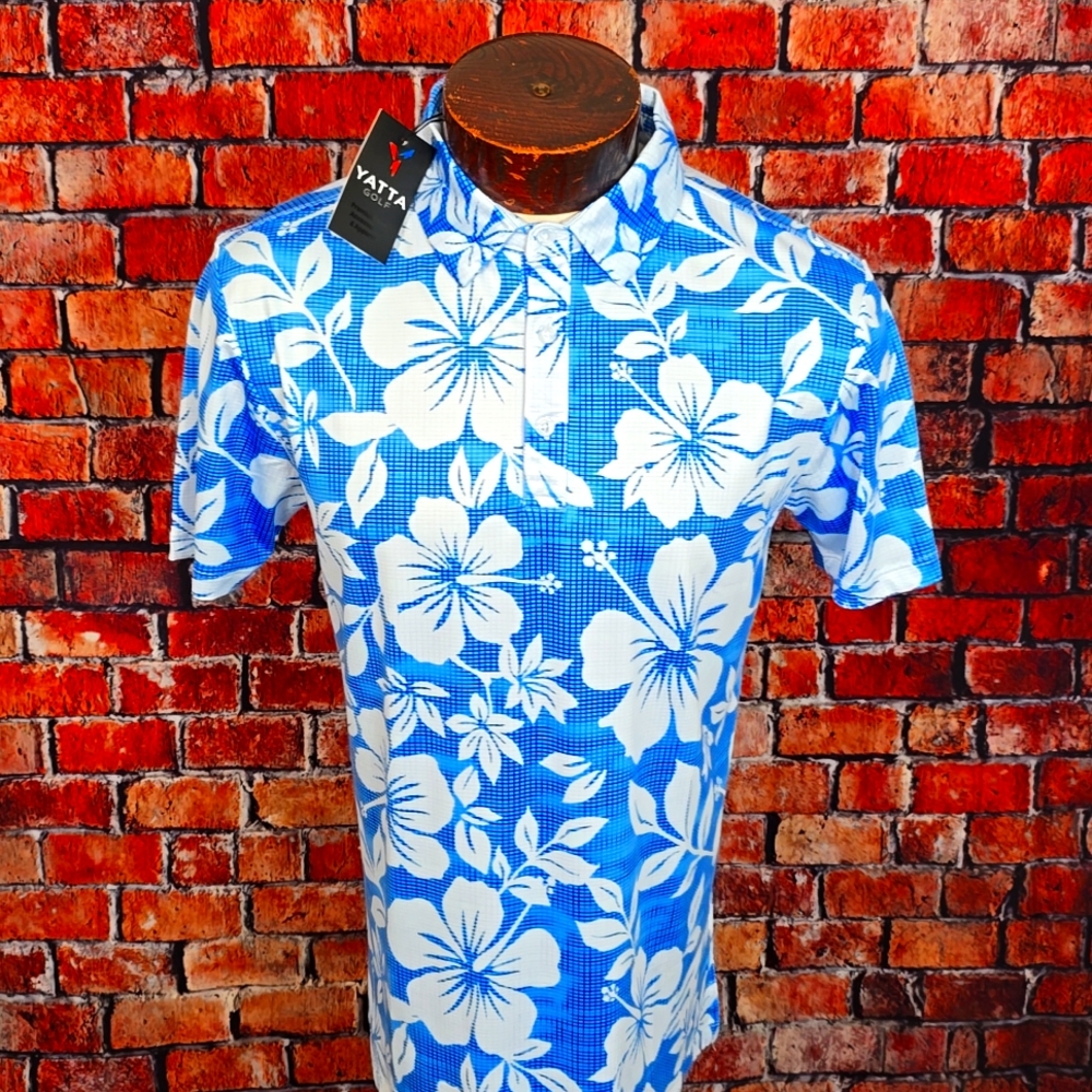 Yatta Golf Mens Small Blue White Hawaiian Short Sleeve Golf Polo Shirt New